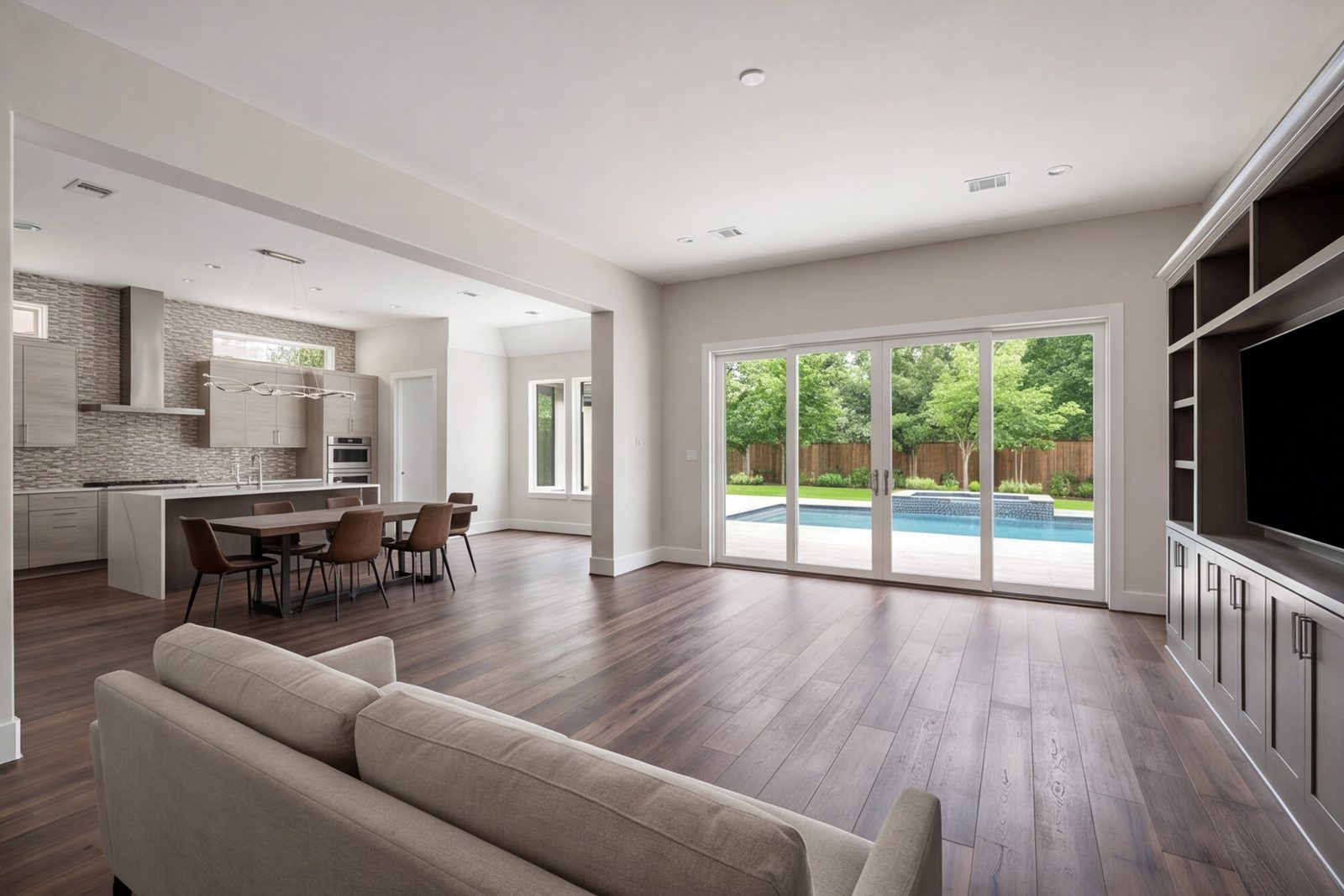Katy family room and kitchen seen from the sofa, with continuous flooring and wide openings
