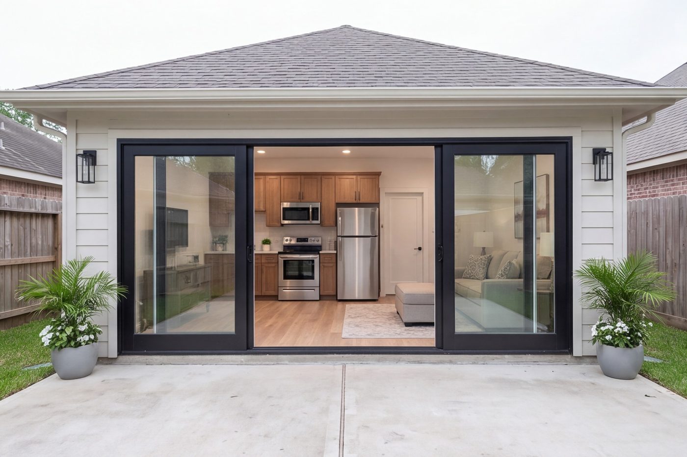 converted garage apartment with kitchenette and glass doors, seen from the driveway