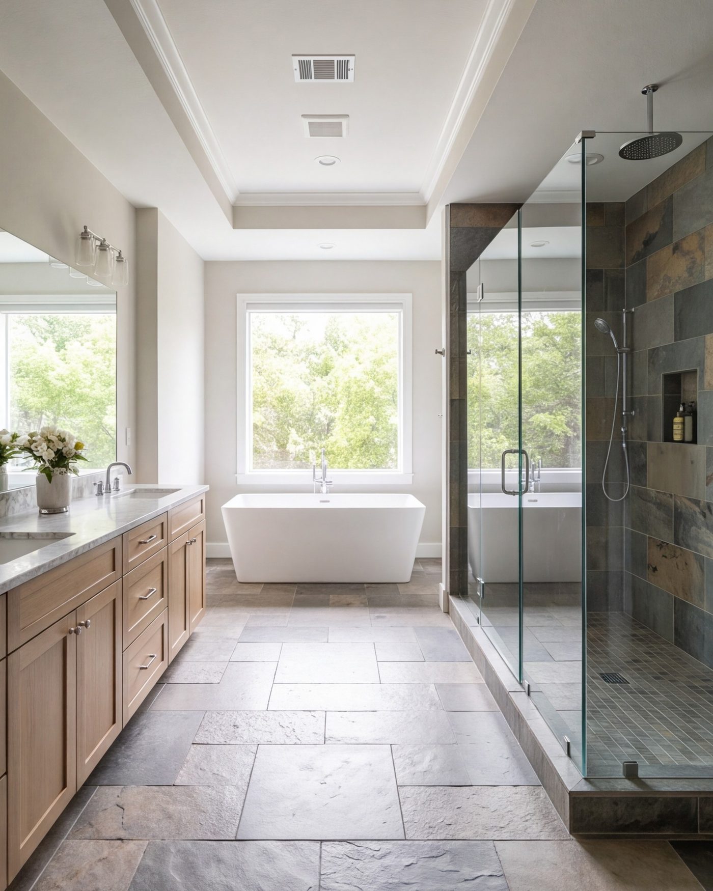 Wide primary bathroom with a walk-in shower, double vanity and freestanding tub in a Katy home