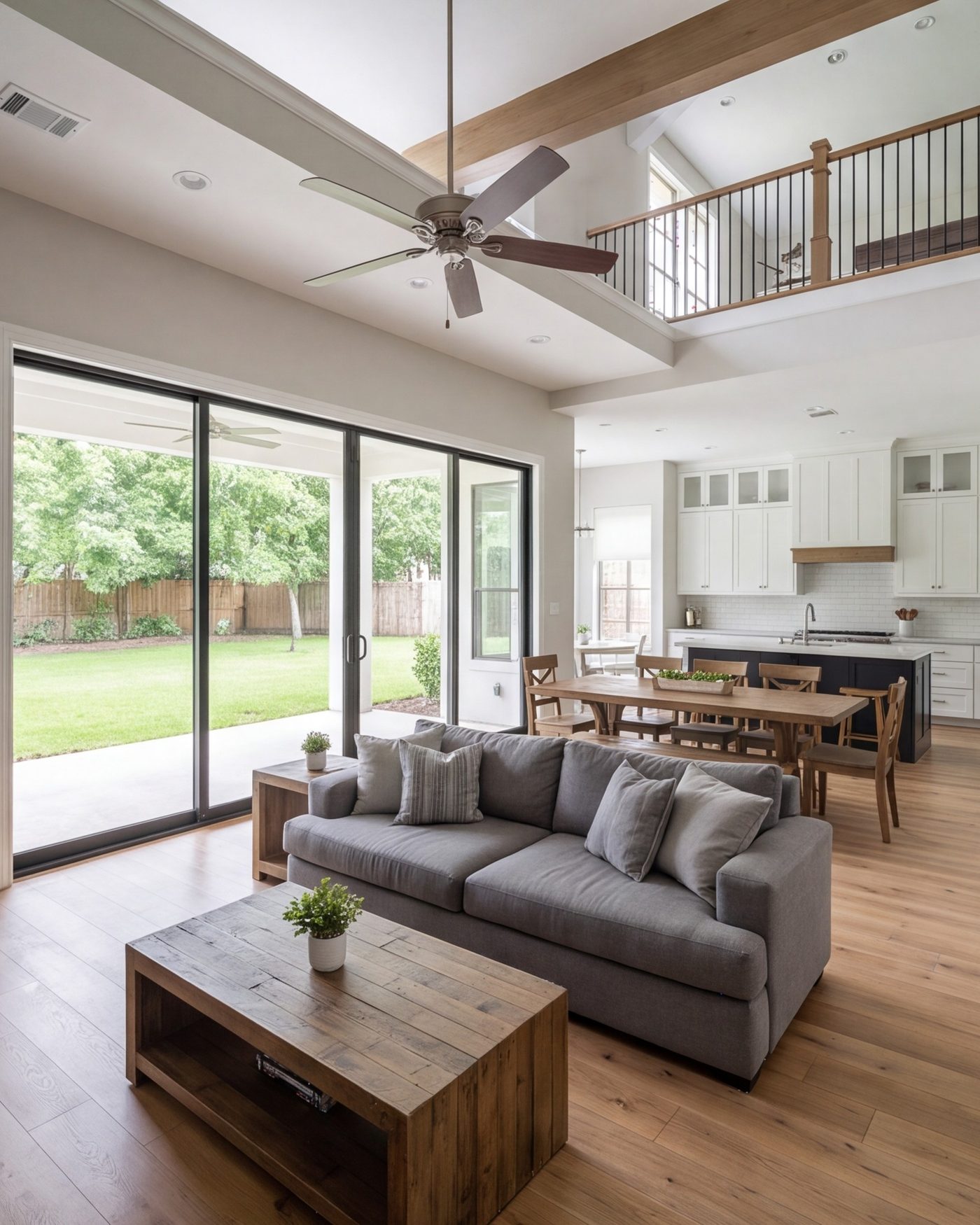 Open living room, dining area and kitchen flowing together in a remodeled Houston-area home